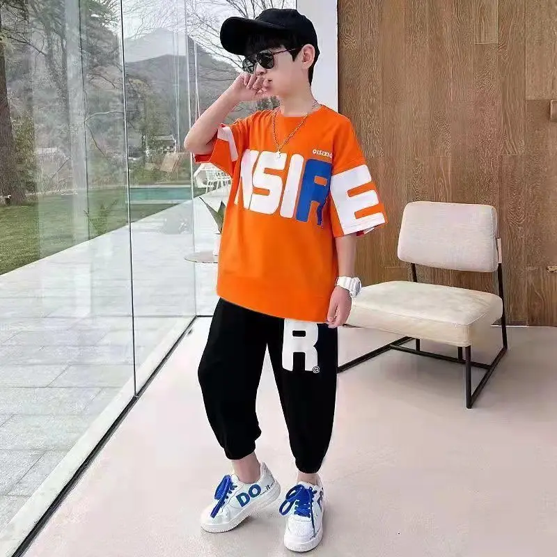 

Children's Clothing Teen Boys' Sets Short Sleeve Top Loose Cuffed Pants Two Pieces Letter Printing O-Neck Causal 5-12 Years Old