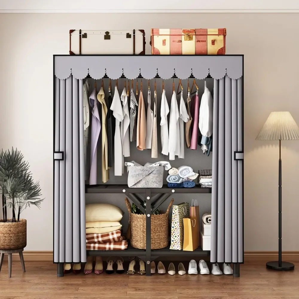 

Portable Foldable Wardrobe Closet for Hanging Clothes,Metal Standing Armoire Clothes Rack with Gray Fabric Cover,Folding Base