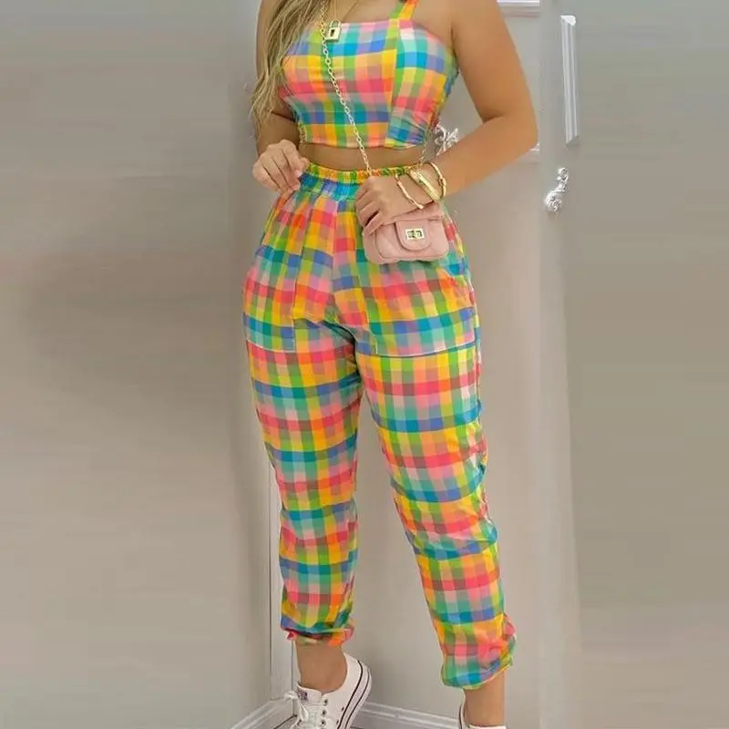 

Plaid Colorblock Crop Top & Pocket Design Pants Set Women Sleeveless Camis Tanks Tops High Waist Pants Summer Spring