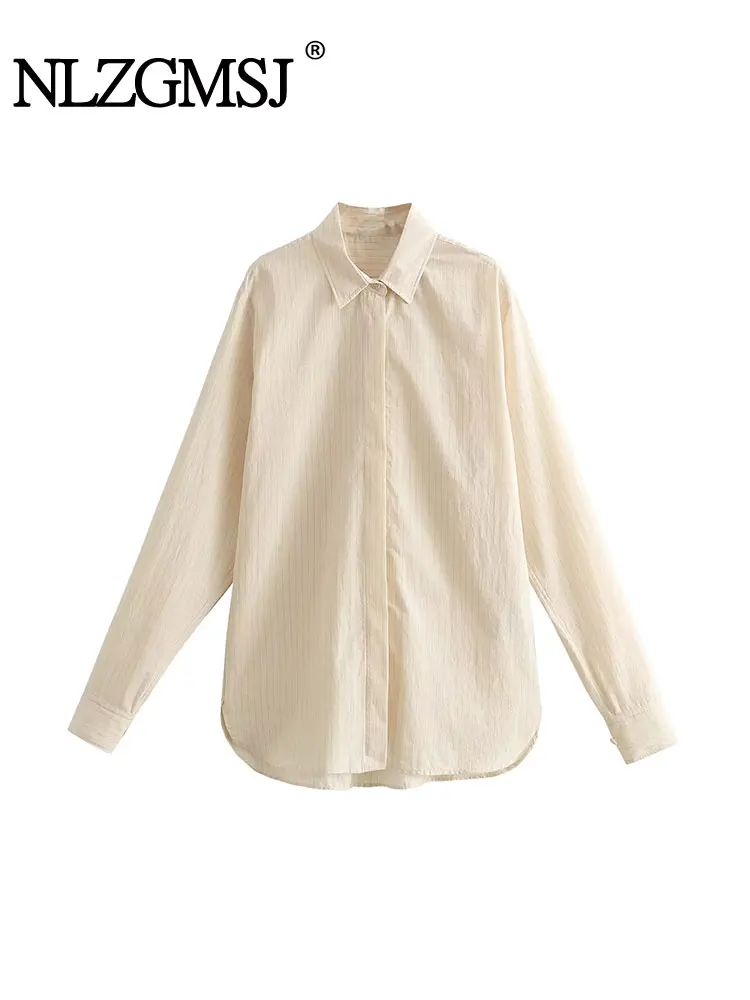 

TRAF 2023 Autumn Women Fashion Stripe Shirts Vintage Long Sleeve Button-up Female Blouses Blusas Chic Tops