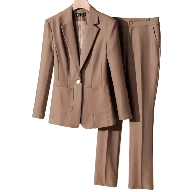 

Office Ladies Blazer Pant Suit Women Female Business Work Wear Jacket and Trouser Apricot Black Formal 2 Piece Set With Pocket