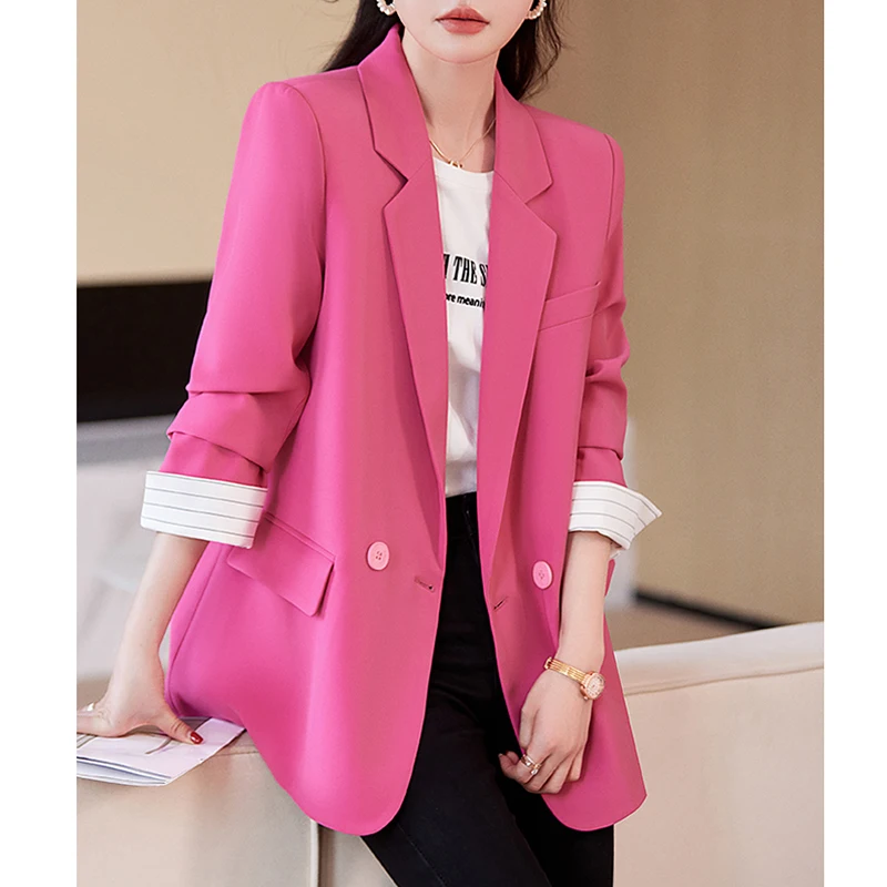 

QOERLIN S-4XL Elegant Patchwork Striped Black Blazer Office Ladies Notched Collar Long Sleeve Double-Breasted Jacket Workwear