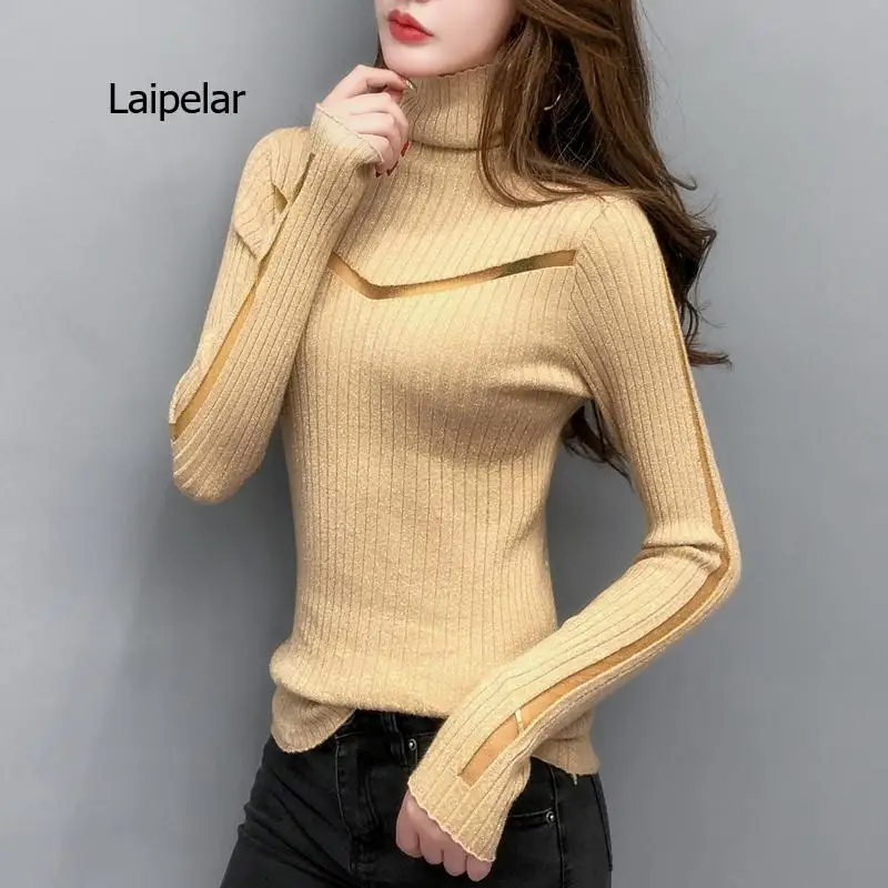 

Women's turtleneck sweater slim sexy long sleeves perspective net yarn mending knits shiny pull ladies sweaters pulver top