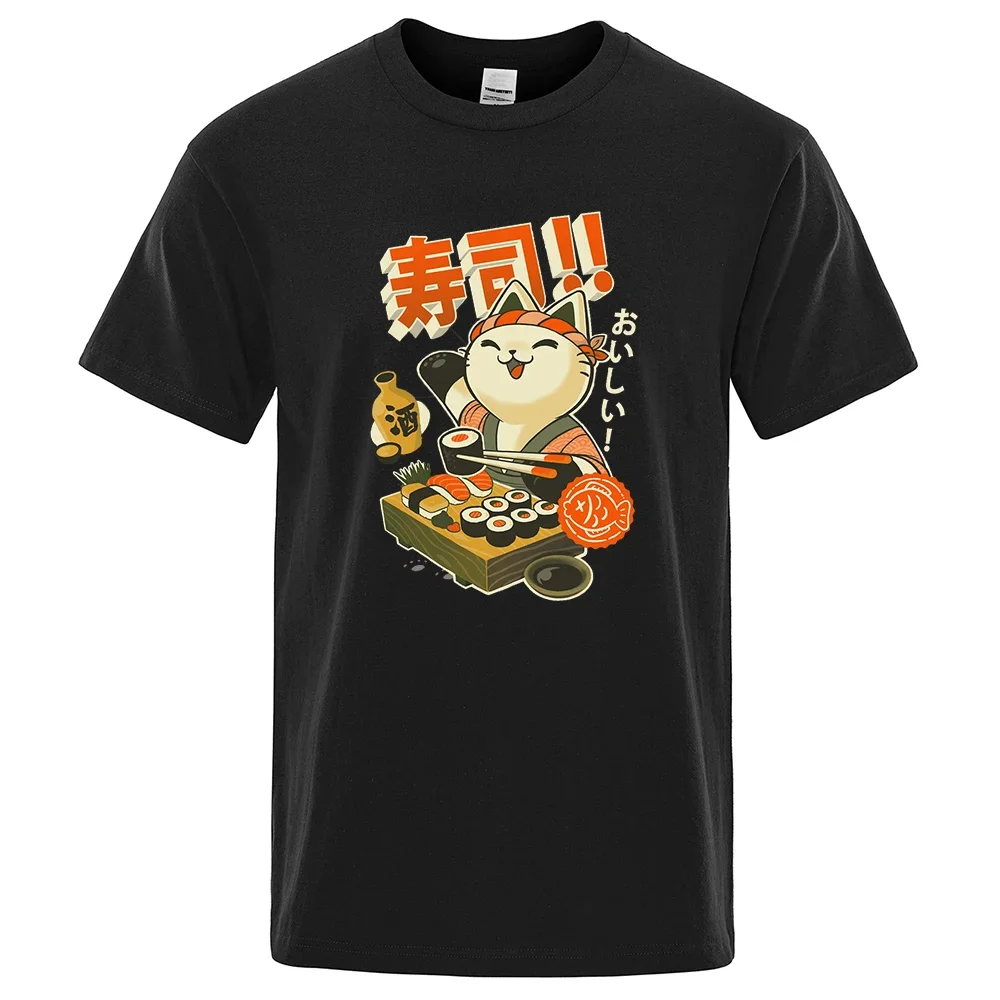 

Японские суши шеф-повар, кошка, Мужская футболка, свободная одежда, уличные хлопковые футболки, модные футболки, повседневная брендовая футболка