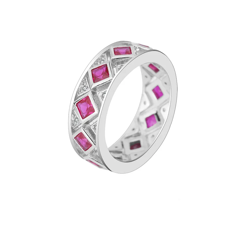 

New fashion trend S925 silver inlaid 5A zircon ruby full of diamonds Hao inlaid row ring closed ring ladies