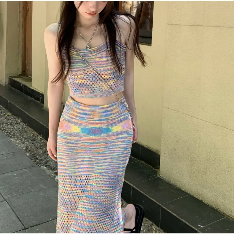 

Pure Wind Rainbow Stripes Color Contrast Design Sense Niche Temperament Hollow Halter Top Sweater Skirt Two-piece Set