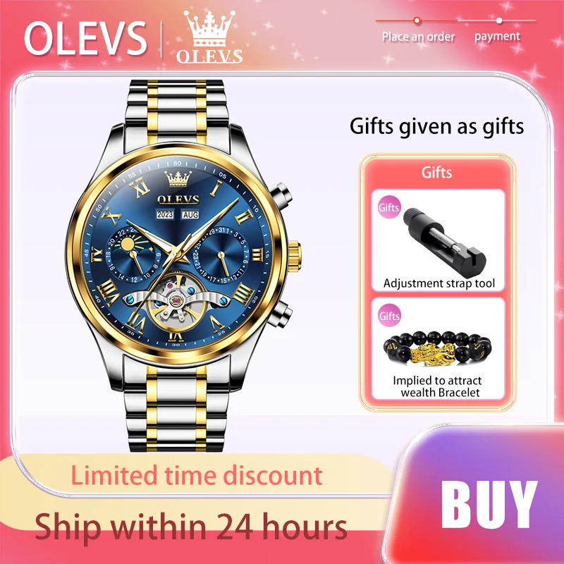 

OLEVS Luxury Brand Men's Watches Skeleton Moon Phase Waterproof Fully Automatic Mechanical Watch Hollow Out Date Male Wristwatch