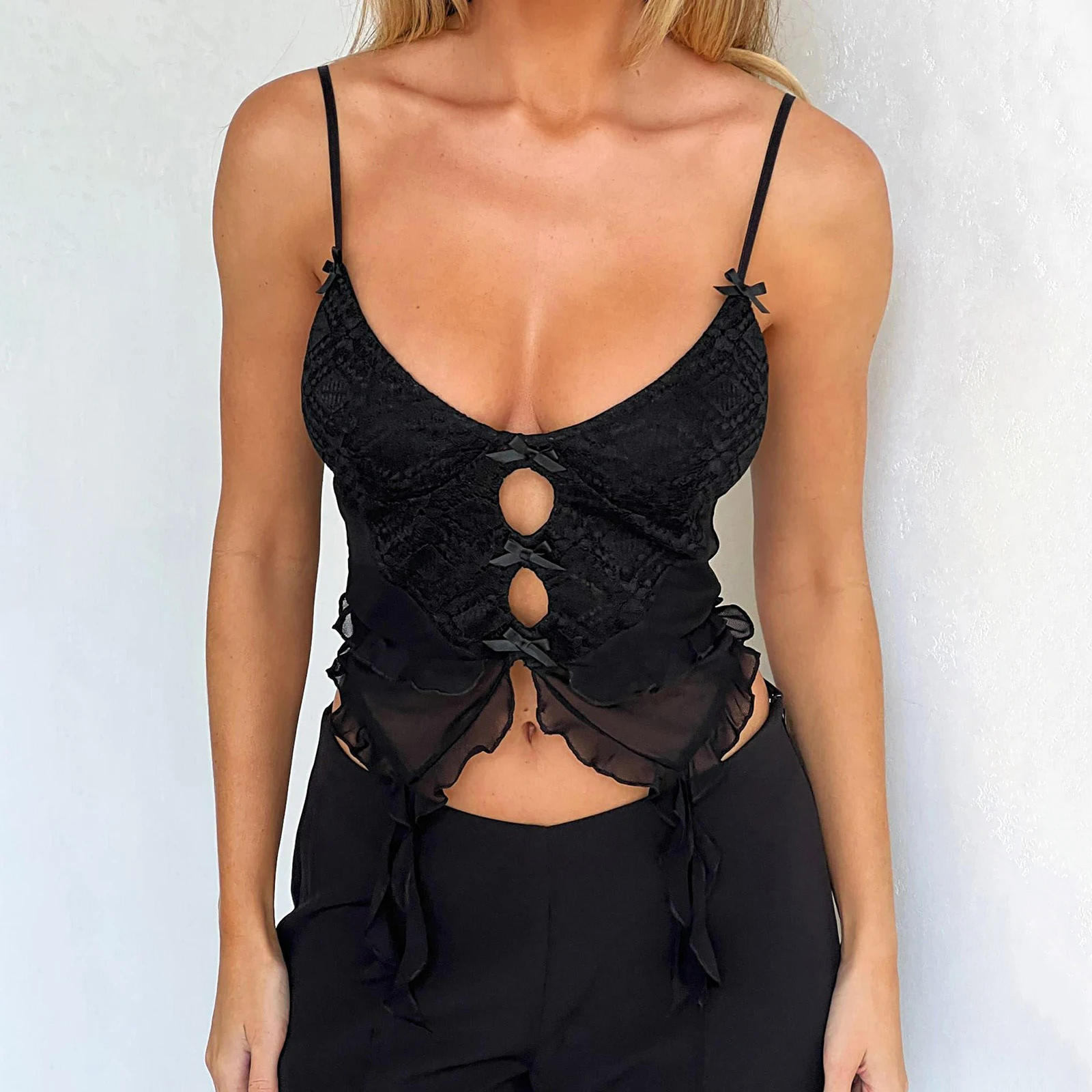 

Women's Lace Camisoles Fashion Ruffles Bow Cutout Spaghetti Straps Sleeveless Backless Tank Tops Summer Sexy Vests Streetwear