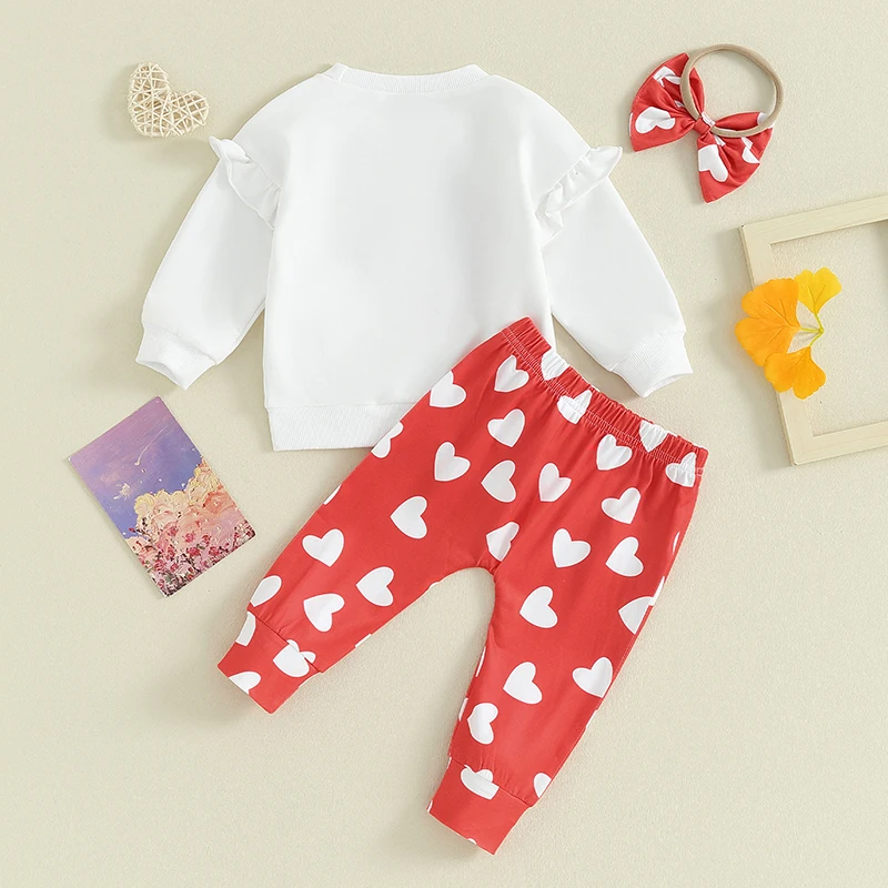 

Baby Girls Valentines Day Outfit Long Sleeve Crew Neck Letters Print Sweatshirt Heart Print Sweatpants Headband Clothes