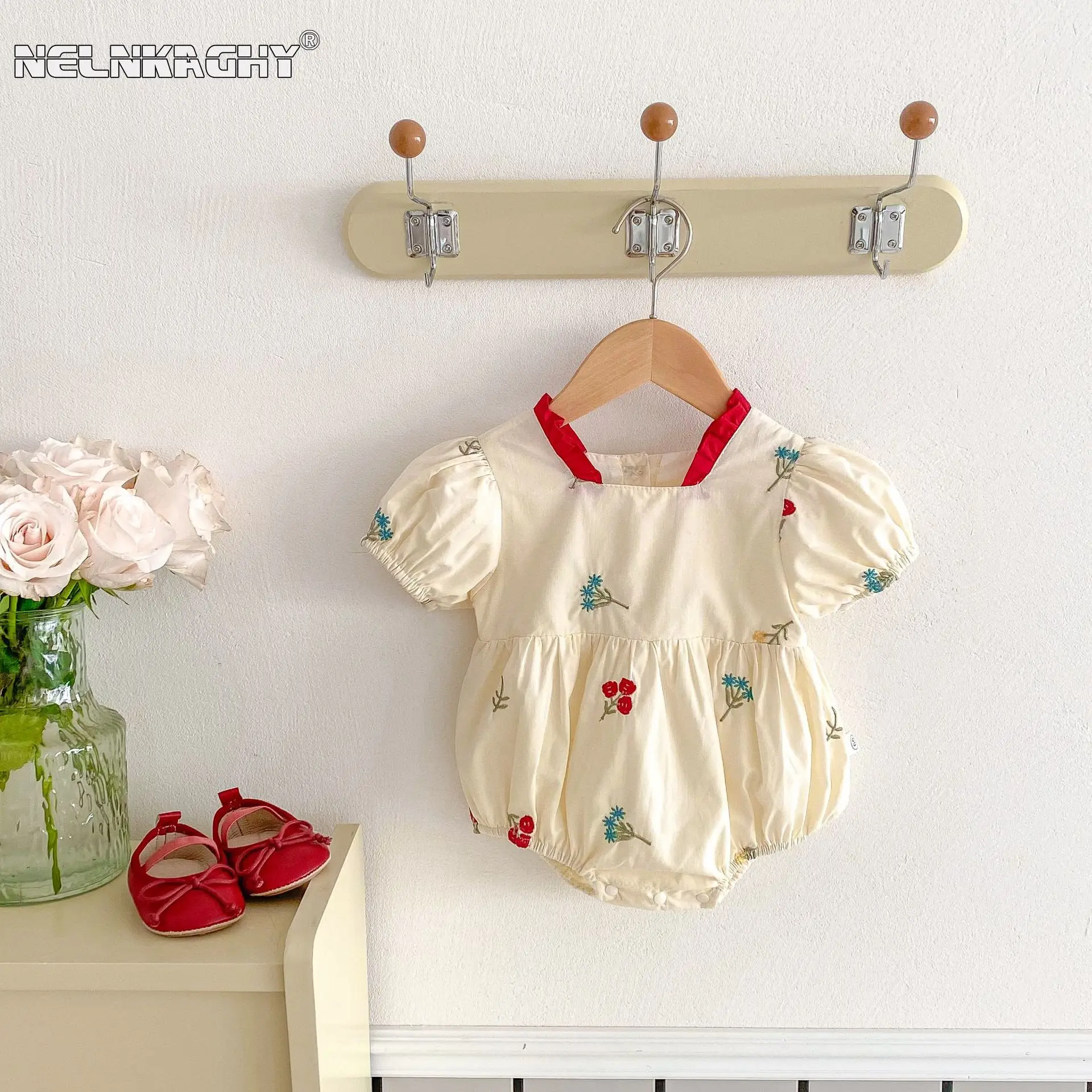 

2024 Summer New in Kids Newborn Girls Cute Embroidery Clothing - Infant Baby Short Sleeve Ruched Bodysuits ,toddler Clothes 0-2Y