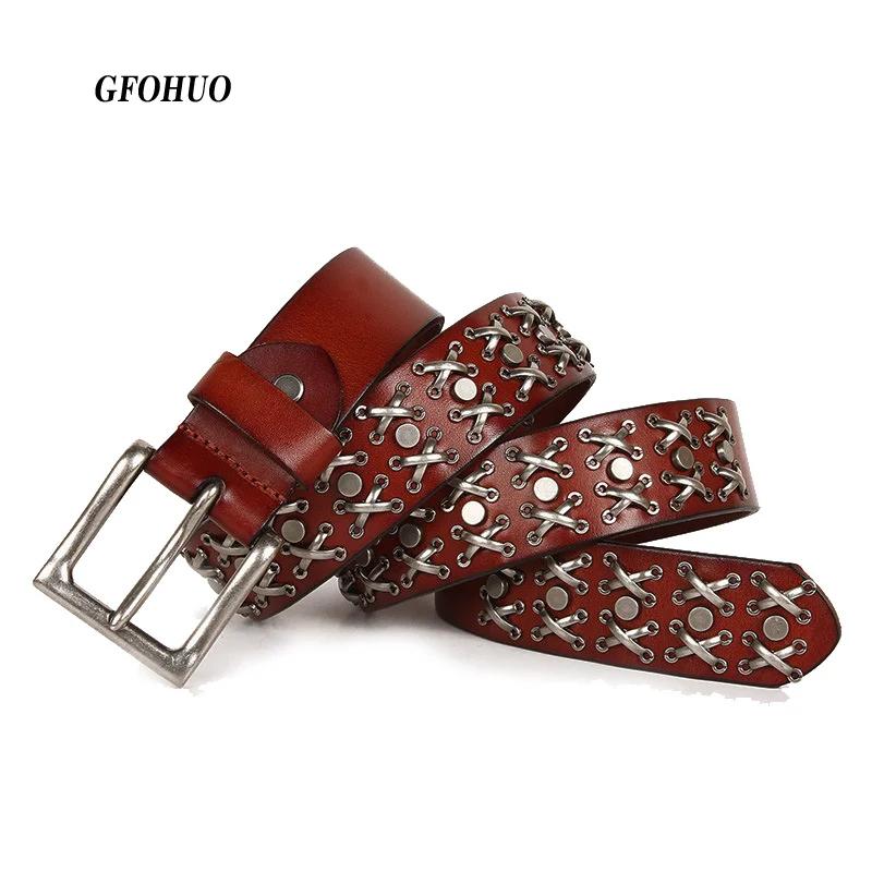 

3.8CM Cowboy Punk Belt Real Genuine Leather Men Metal Stud Rivet Jeans s For Strap Ceinture Homme Male