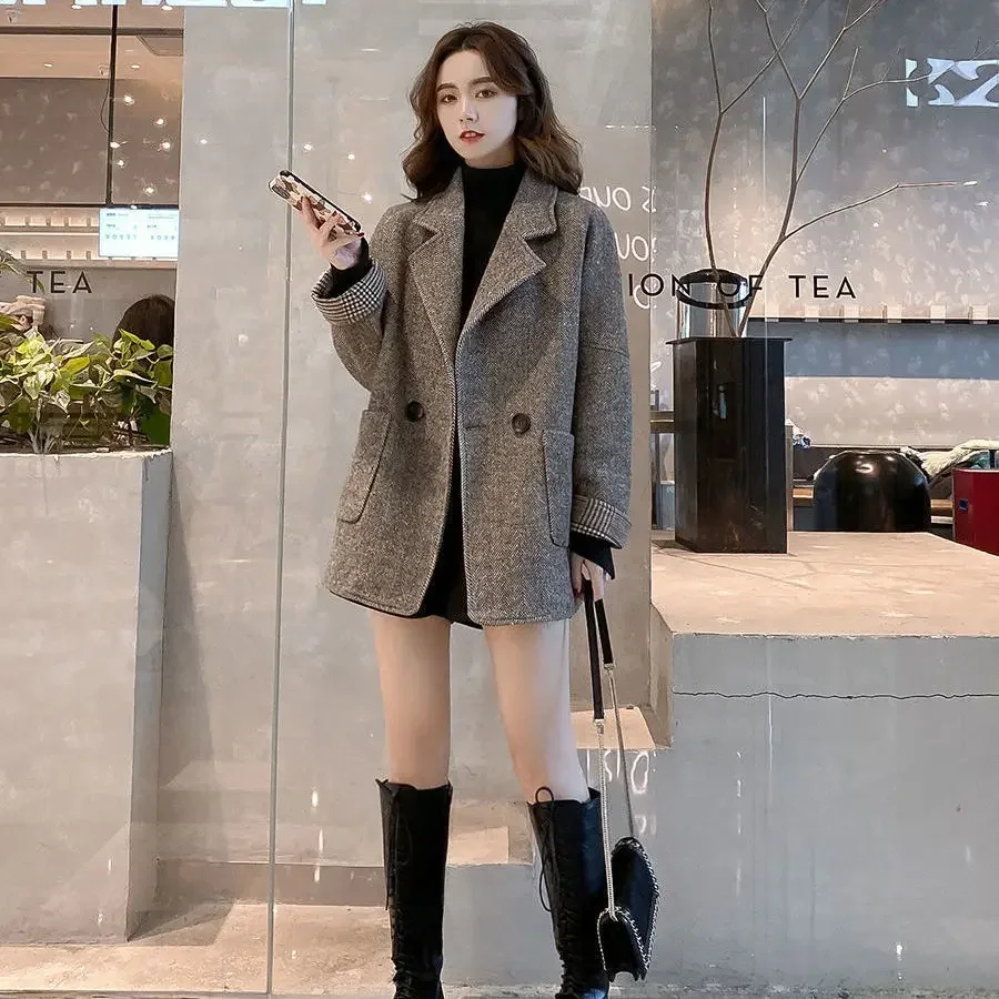 

Blazer Woman Jacket Dress Outerwears Long Tweed Clothes Check Over Plaid Coats for Women Loose Wool & Blend High Quality Bring