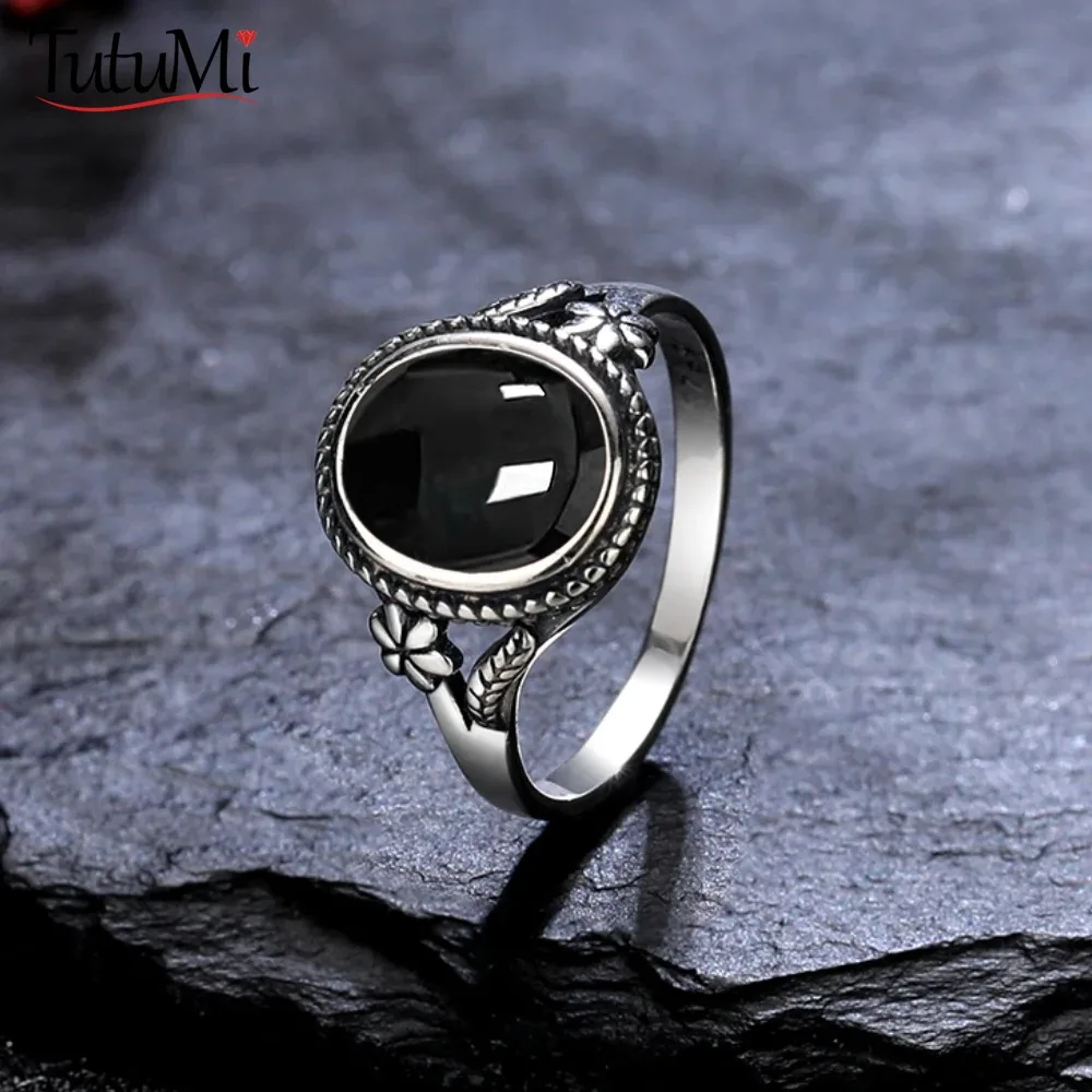 Bague œil de tigre naturel en argent regardé 925 pour femme, bague en agate noire en forme de fleur, bijoux fantaisie, cadeau, 8x10mm 1