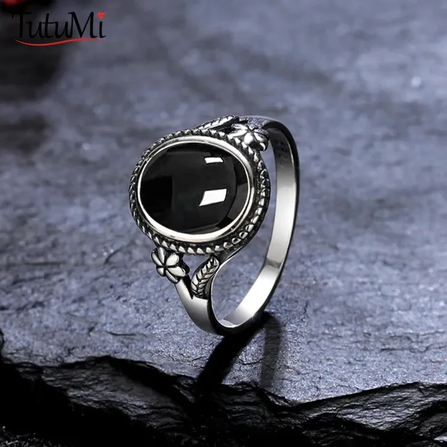 Bague œil de tigre naturel en argent regardé 925 pour femme, bague en agate noire en forme de fleur, bijoux fantaisie, cadeau, 8x10mm 1