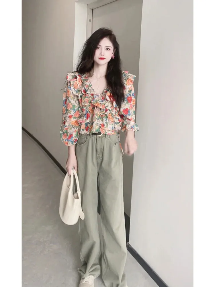 

Summer Female Online Influencer Fairy Indie Pop Style Floral Chiffon shirt/T-Plump Girls Niche Lantern Sleeve Bottoming Sh