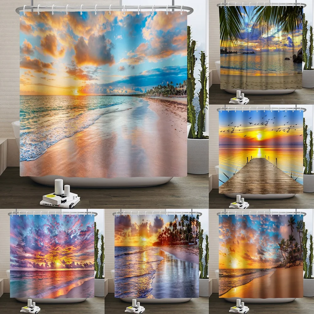 

Hawaiian Coastal Beach Shower Curtain Tropical Palm Tree Sunset Sunrise Sea Ocean Wave Nature Landscape Fabric Bathroom Curtains