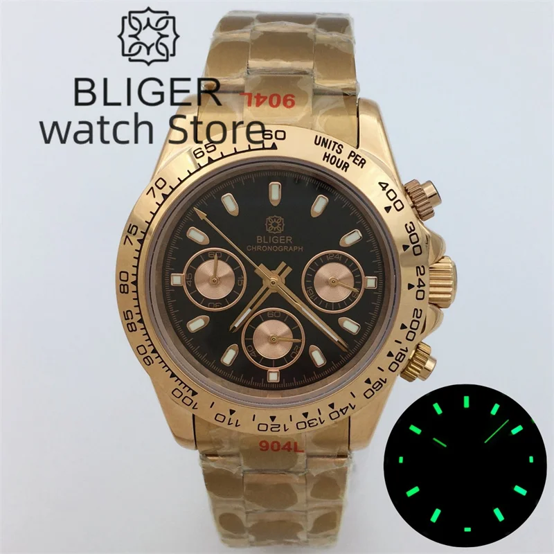 

BLIGER Luxury Fashion Rose Gold Quartz Chronograph Business 39mm Sapphire Crystal Men's Watch VK63 Movement Luminous Black Dial