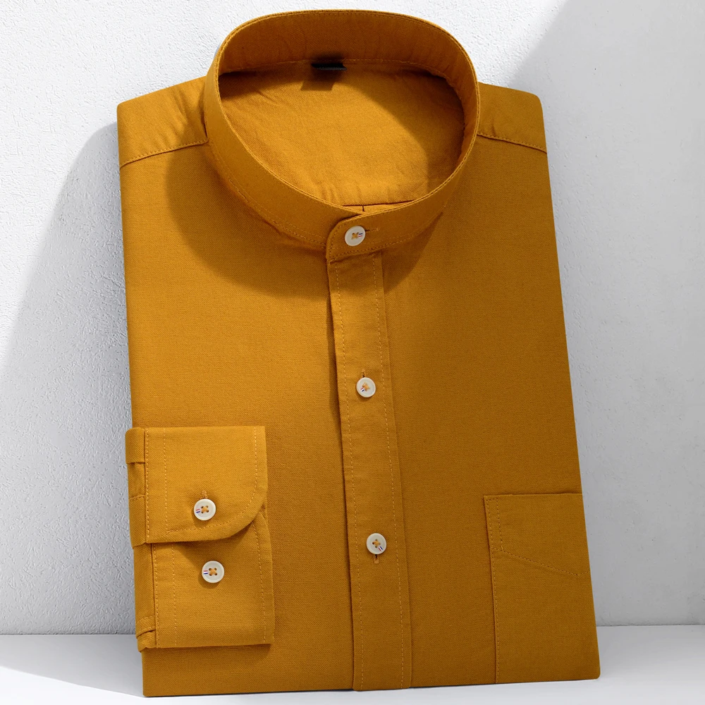 

Men's Stylish Mandarin Collar Solid Oxford Cotton Shirt Single Patch Pocket Long Sleeve Regular-fit Comfortable Casual Shirts