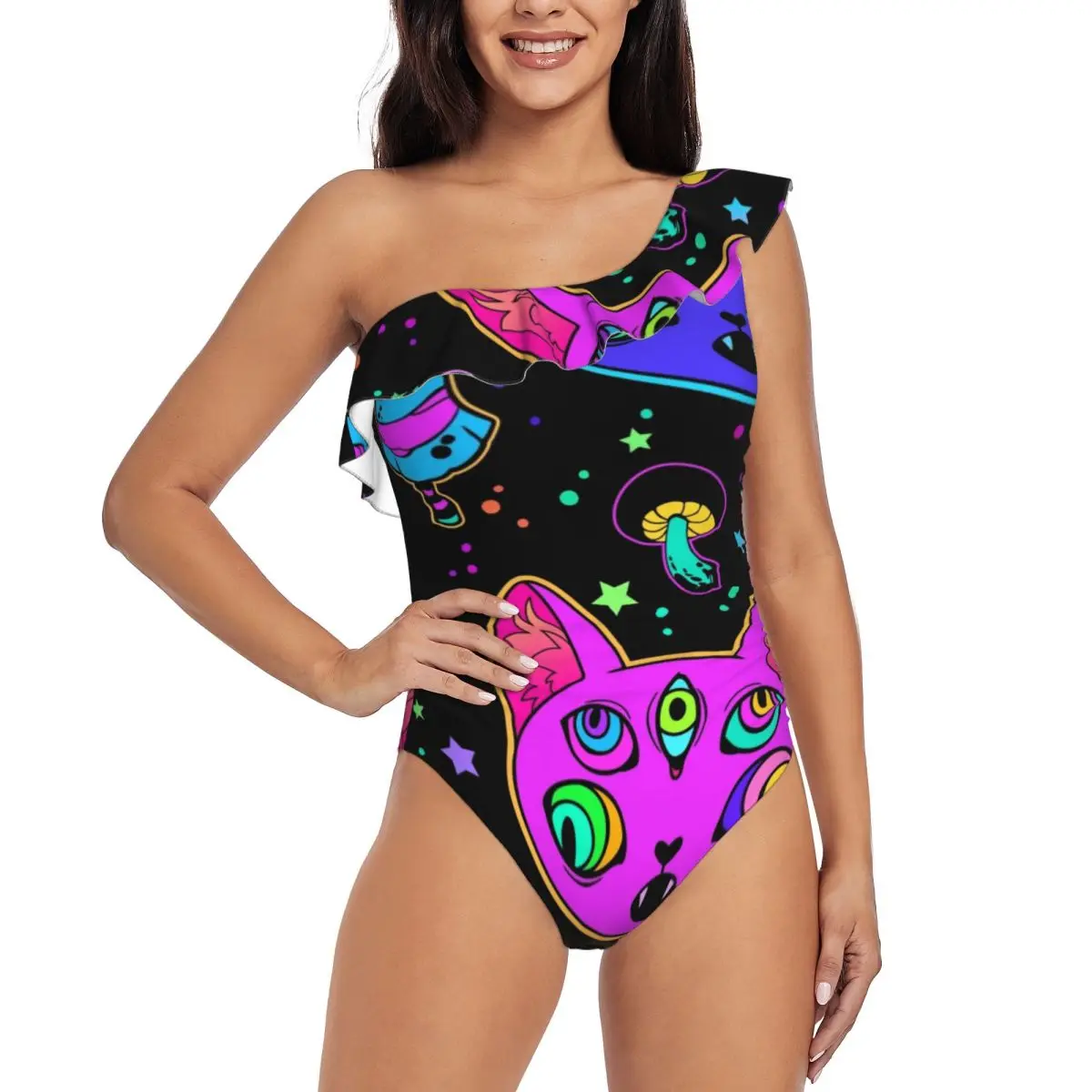

Bright Psychedelic Cat 3D Print Women's One Shoulder Ruffle Monokinis Swimwear Asymmetric Ruffle