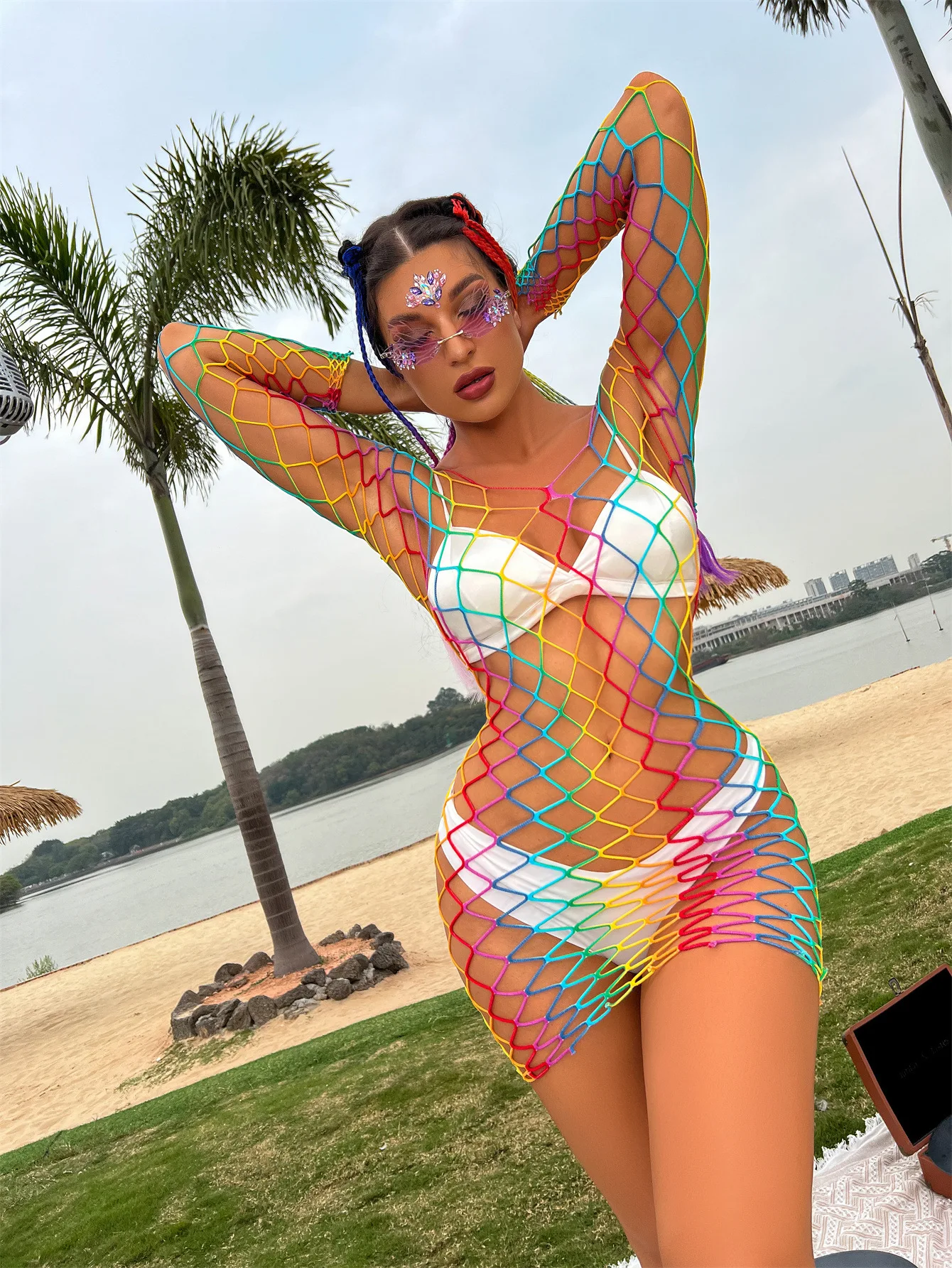 Rainbow Fishnet Plus Dress Crotch Big Hole Mesh Underwear Lingerie
