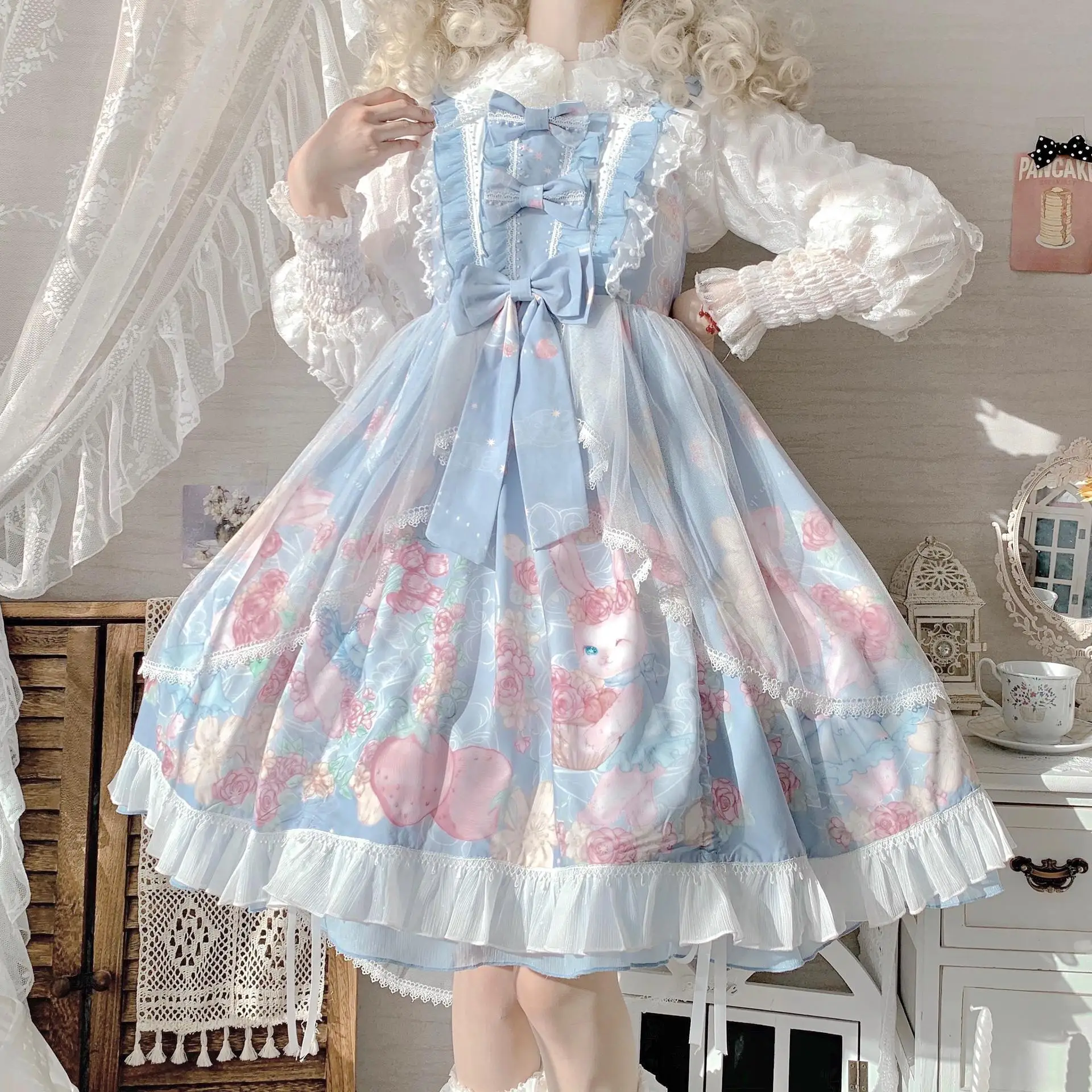 

Japanese Retro Sweet Lolita Garland Bunny Lolita Halter jsk Dress Sleeveless OP Lace Dress with Bow Girl Tea Party