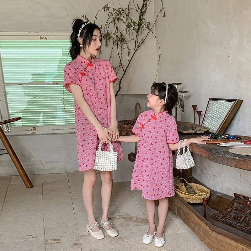 

Mummy and Daughter Qipao Dress Chinese Style Mother Baby Girls Matching Dresses Short Sleeve Summer Mom and Me Cheongsam Robe