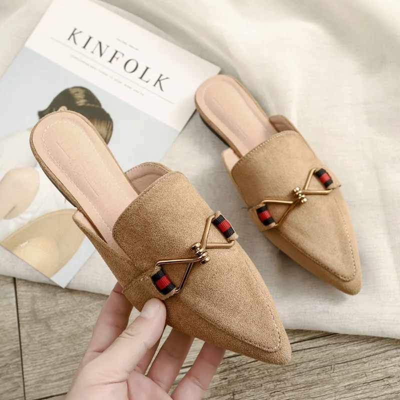 

Spring and Summer New Fashion Wear Slippers Women Korean Pointed Suede Flat Flat Girl Mueller Shoes History Free Delivery