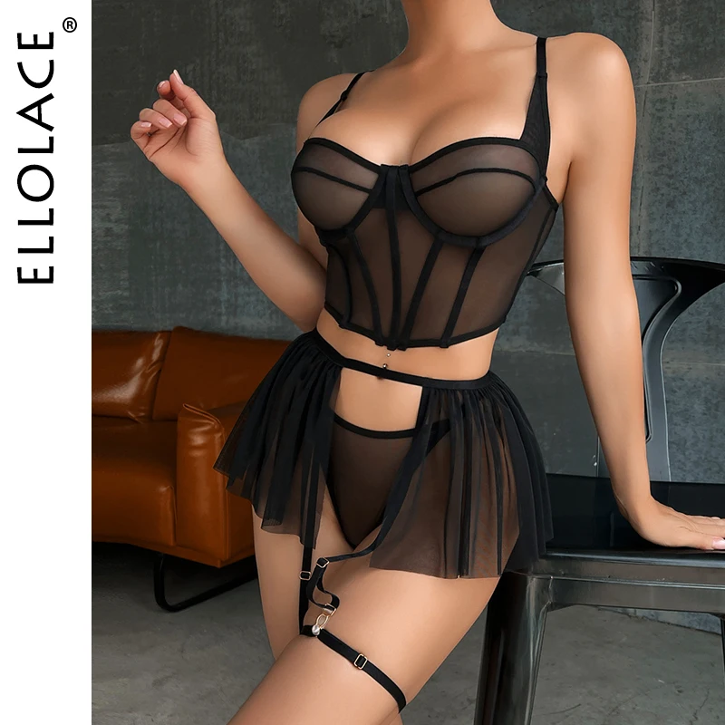 

Ellolace Ruffle Transparent Lingerie See Through Sexy Women's Underwear Hot Bra Without Censorship Mesh Fantasy Intimate