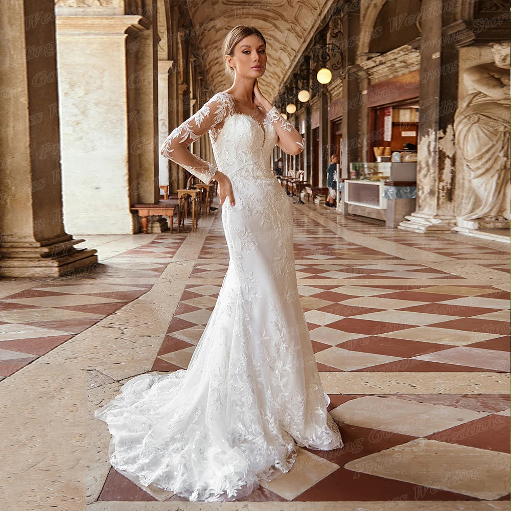 

Exquisite Mermaid Wedding Dress For Bride Long Sleeve Sheer Neck Applique Lace Formal Bridal Gown Robe De Soriee 2023 Plus Size