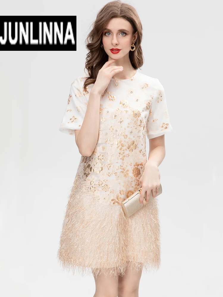 

JUNLINNA Emboss Jacquard Dress Spring Summer Women O-Neck Short Sleeve Tassel Beading Fashion Street Mini Vestidos