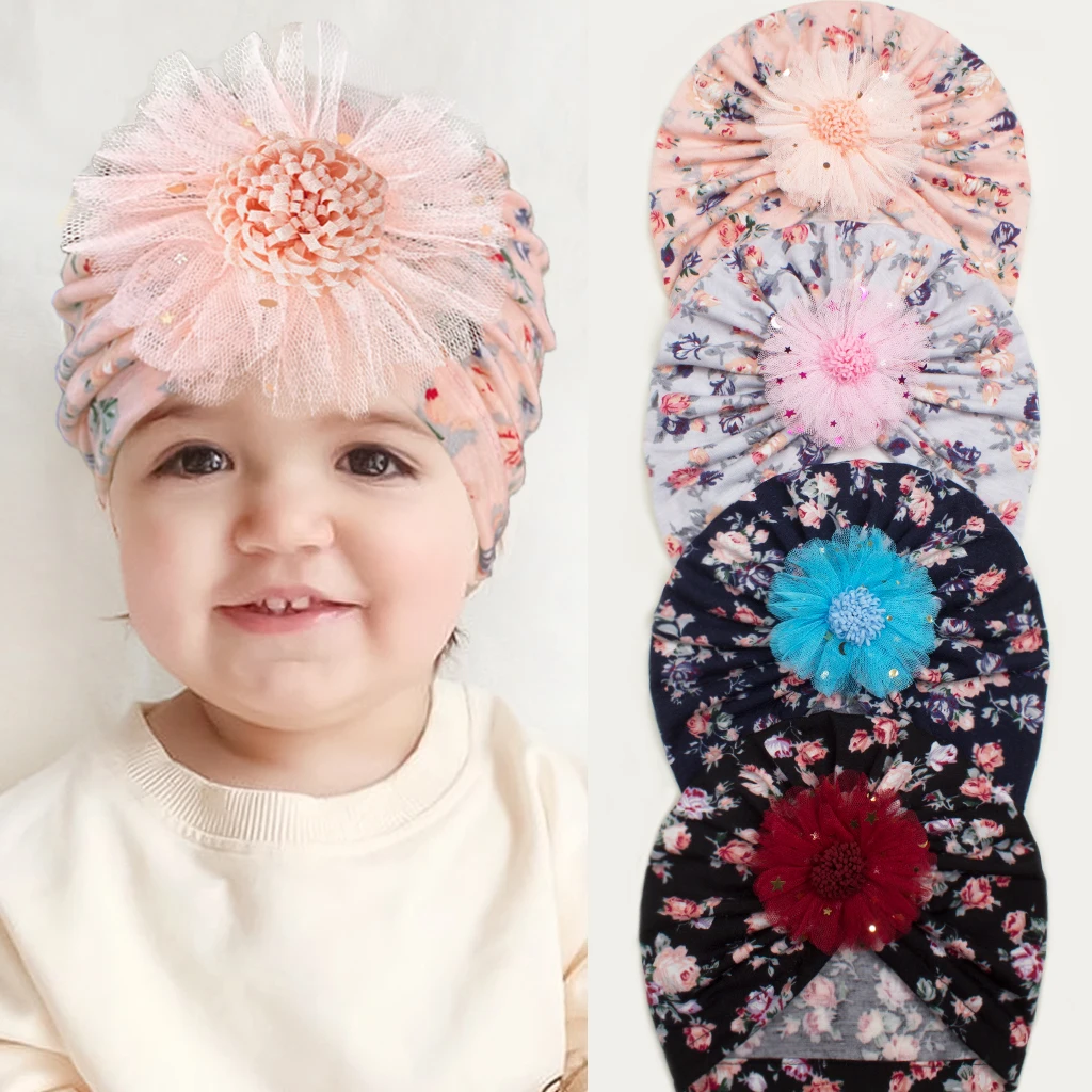 

Chiffon Flower Babes Beanie Caps Baby Girls India Hat Turban Floral Prints Toddler Infant Cap Baby Head Wraps Kids Headwear