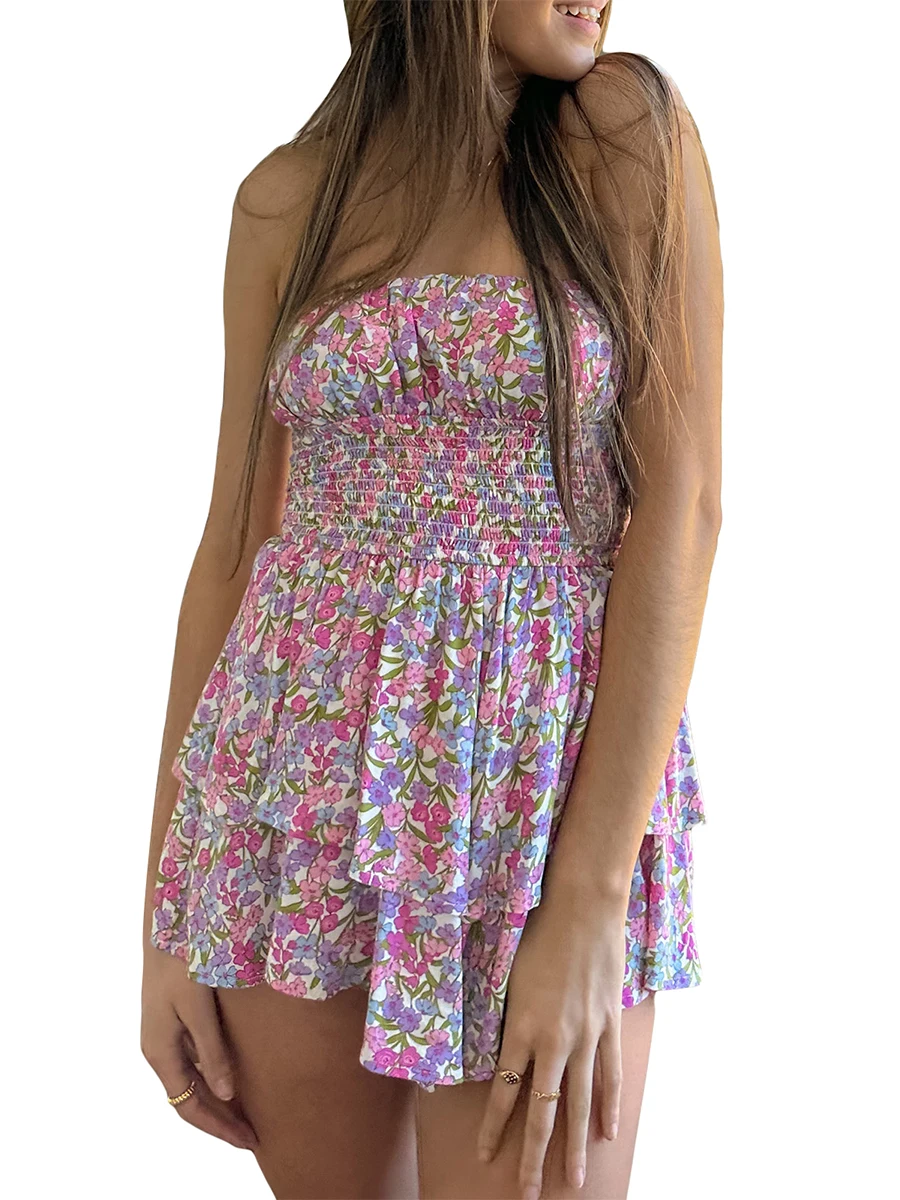

Women Summer Ruffle Floral Strapless Mini Dress Y2k Casual Layered Slim Fit Short Dress Flowy Boho Beach Sundress