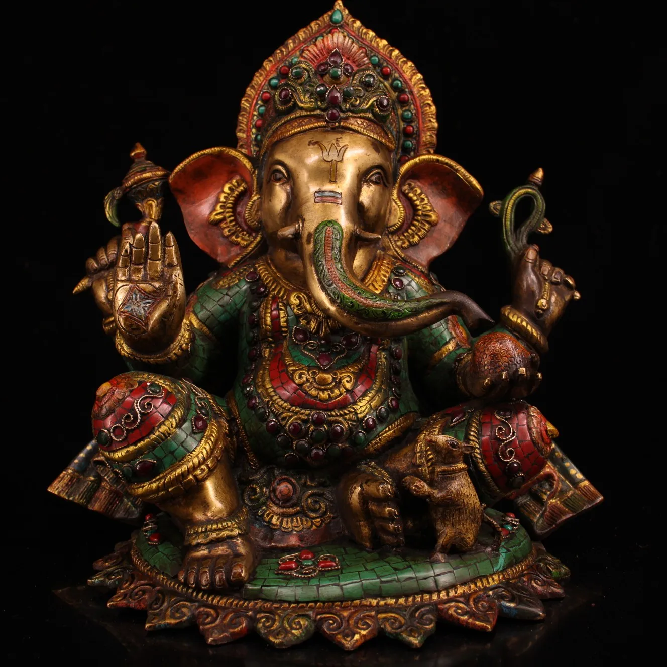 

14"Tibetan Temple Collection Old Bronze Outline in gold Mosaic Gem Turquoise Ganesha Sitting Buddha Worship Hall Town house