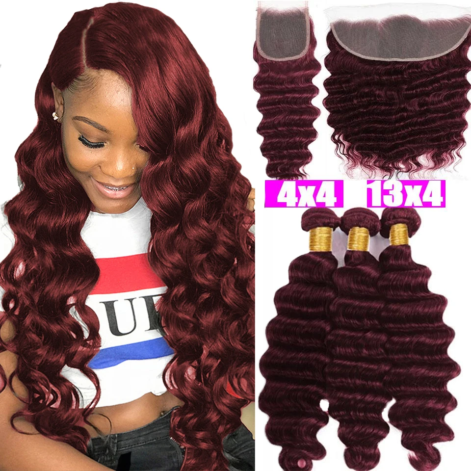 

#99j Red Burgundy Colored Bundles with Closure 13x4 Frontal Loose Deep Wave Bundles with Closure 100% Virgin Human Hair Bundle