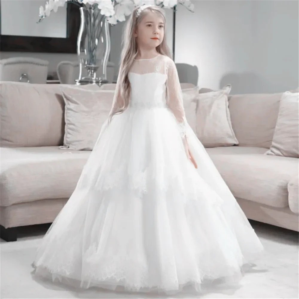 

Белое элегантное Цветочное платье для девочек, Тюлевое Пышное кружевное платье с аппликацией и бантом, с длинным рукавом, для свадьбы, подарка на день рождения, для первого причастия