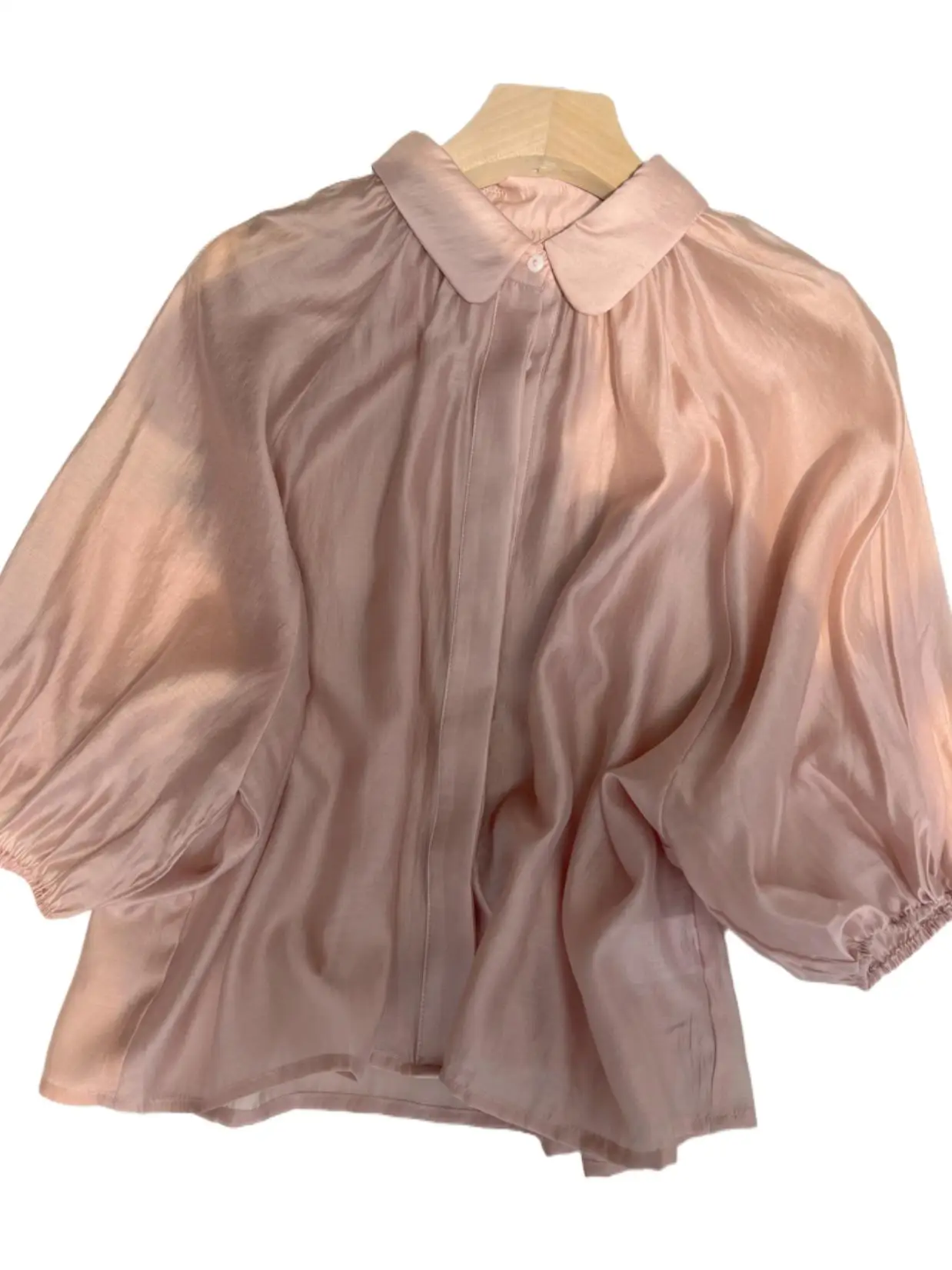 

Блузка женская из вискозы, рубашка с отложным воротником, рукав три четверти, свободного кроя, универсальная базовая уютная гладкая, розовая, весна