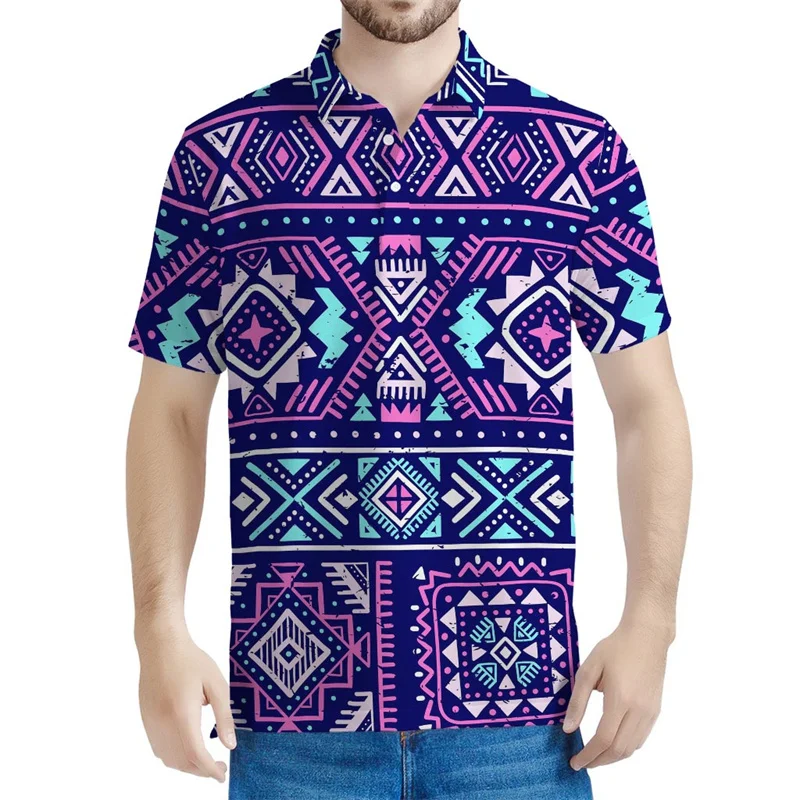 

Vintage Aztec Tribal Pattern Polo Shirt For Men 3d Print Ethnic Totem Tee Shirts Tops Button Short Sleeve Casual Lapel Blouse