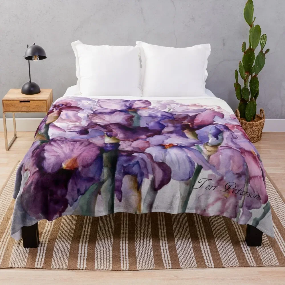 

Purple Iris Garden Watercolor Throw Blanket Summer Fluffys Large for sofa Travel Blankets