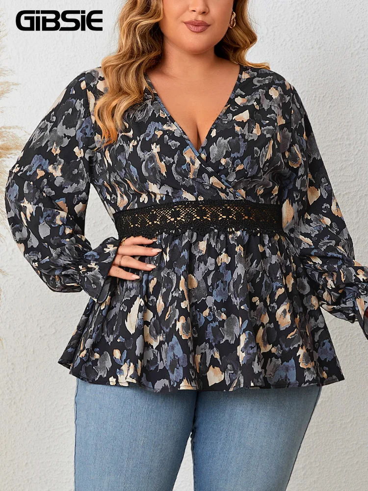 

GIBSIE Plus Size Deep V Neck Contrast Lace Peplum Blouse Women 2023 Autumn Print Casual Long Sleeve Boho Tops And Blouses