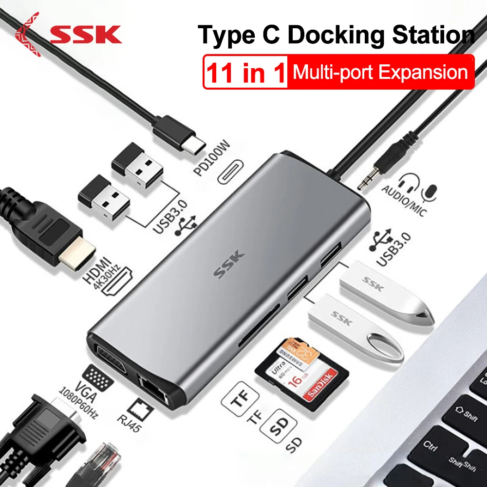 

SSK USB C 11-in-1 Docking Station Type C to HDMI 4K60Hz SD&TF Reader For Macbook Pro/Air iPad Peripherals RJ45 Dock USB A C HUB