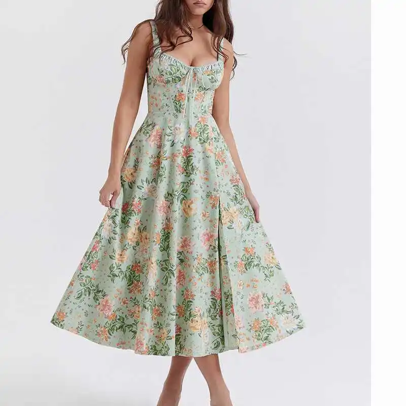 

Women S Floral Resort Style Sexy Spicy Girl Purely Desired Split Design Sense Sling Strap Fragmented Flower Dress