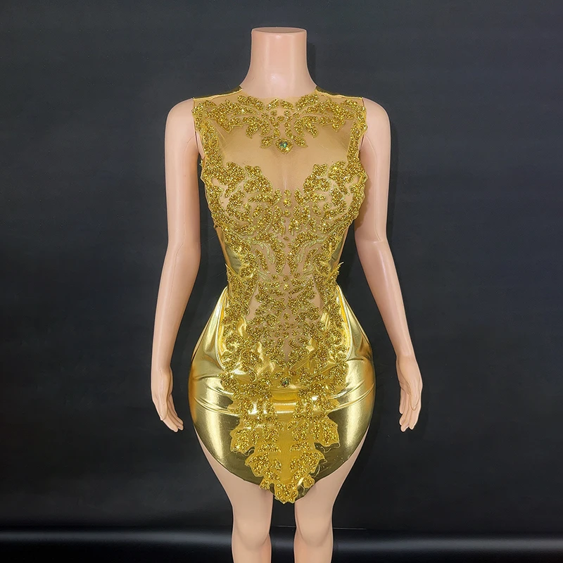 

Gold Evening Dress Women Sexy Mesh Party Festival Clothing Drag Queen Costume Singer Performance Dress Adult Clubwear