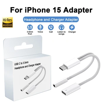 USB C to 3.5mm Headphone and Charger Adapter 2-in-1 PD 60W Type C Charging Port Aux Audio Jack For iPhone 15 Pro Max Samsung S23