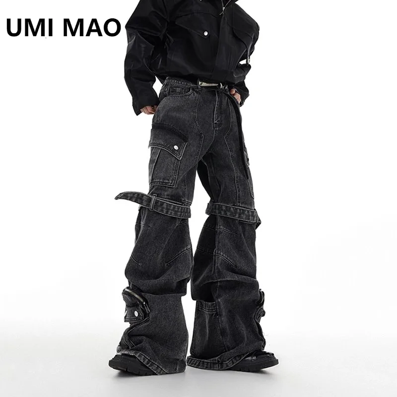 

UMI MAO Mens's Baggy Jeans Washed Multi Pocket Jean Overalls Strap Design Wide Leg Workwear Denim Pants 2023 New Darkwear