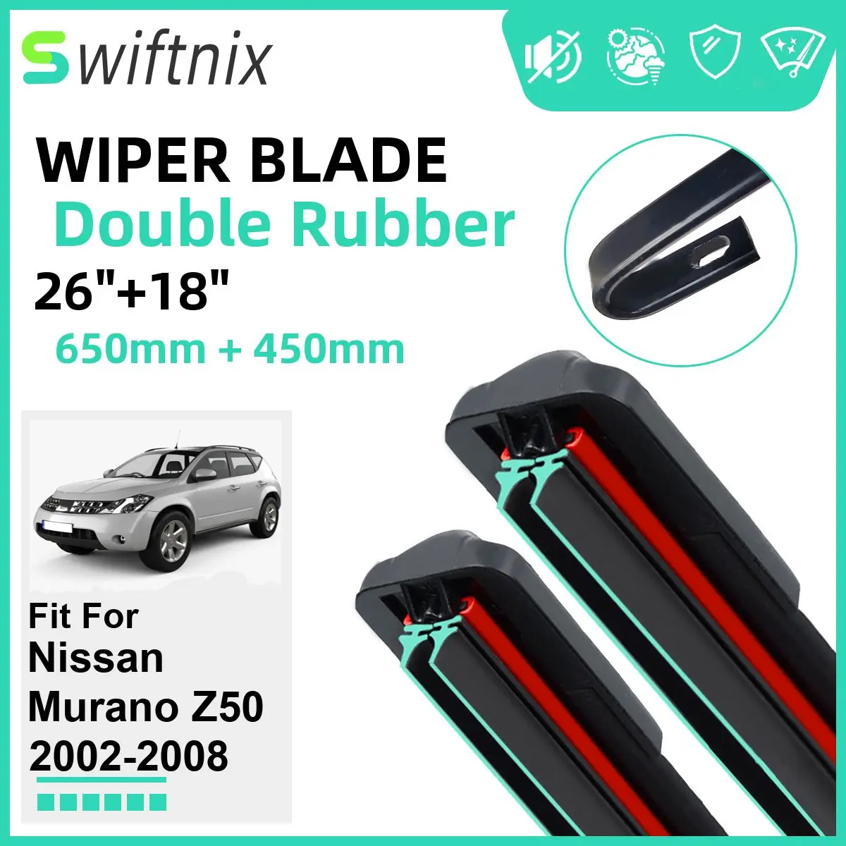 Двойные резиновые автомобильные щетки стеклоочистителя для Nissan Murano Z50 2002-2008, переднее ветровое стекло, резиновые автомобильные аксессуары 2006 2007 2008 
Двойные резиновые автомобильные щетки стеклоочистителя для Nissan Murano Z50 2002-2008, переднее ветровое стекло, резиновые автомобильные аксессуары 2006 2007 2008