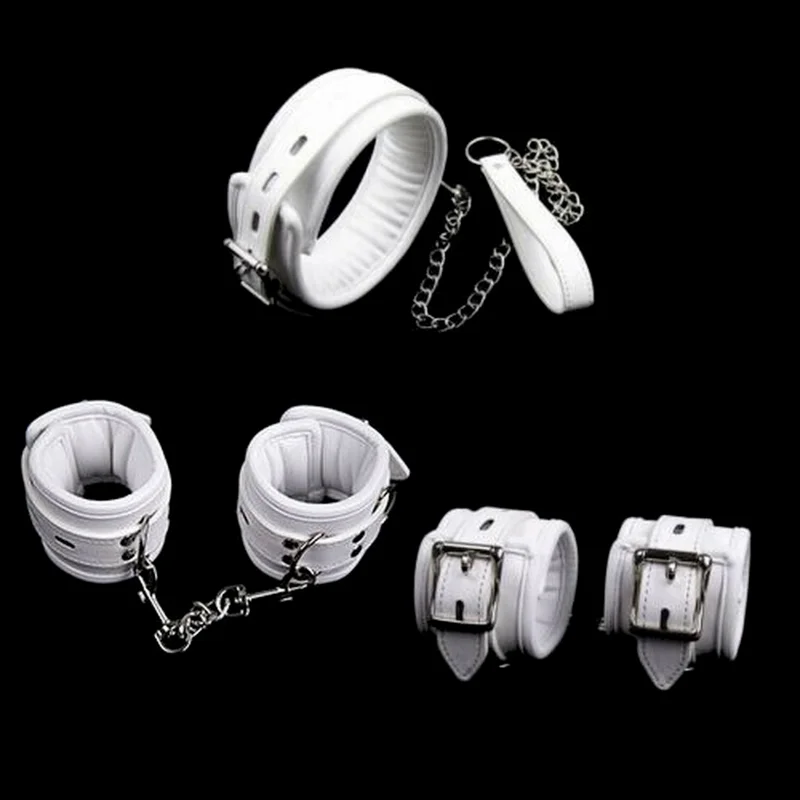 

Soft Padded White BDSM Bondage Restraint Wrist Handcuffs Neck Collar Ankle Cuffs with Chain Slave Erotic Flirting Adult Sex Toys