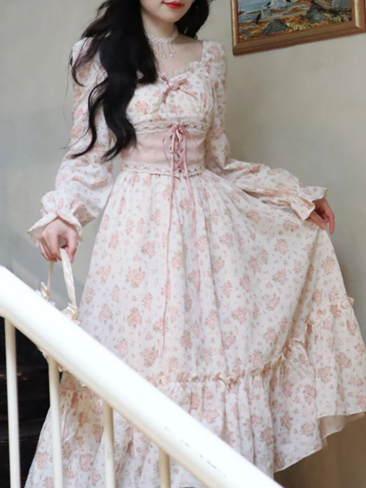 Elegant Women Bandage Lace Print France Vintage Dress Pink Floral Korean Sweet Sundress Puff Sleeve Princess Kawaii Fairy Dress
Elegant Women Bandage Lace Print France Vintage Dress Pink Floral Korean Sweet Sundress Puff Sleeve Princess Kawaii Fairy Dress