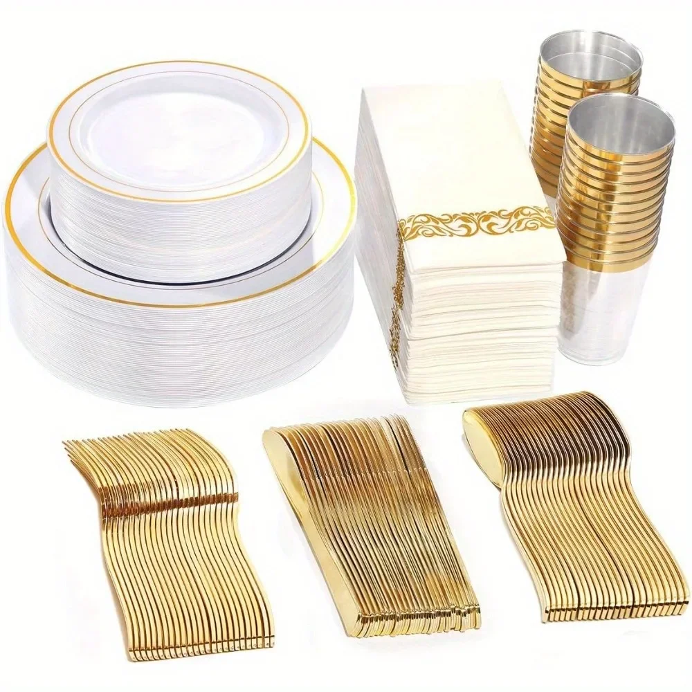 

175/350pcs golden plastic tableware set for 25/50 guests suitable for family gatherings, weddings, holidays, and parties