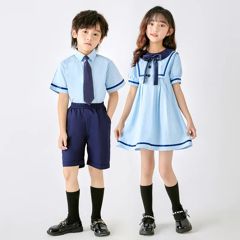 

Boys Summer Shirt Pants 2pcs Clothing Set Girls Sky Blue Dress Children's School Uniform Twins Birthday Wedding Party Suit