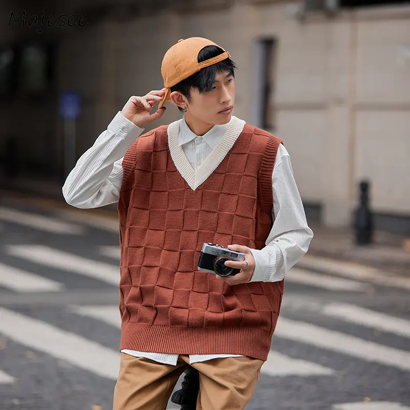 

Sweater Vest Men American Cool All-match V-neck Knitting Streetwear Preppy BF Handsome Clothing Baggy Teens Dynamic Chic Ulzzang